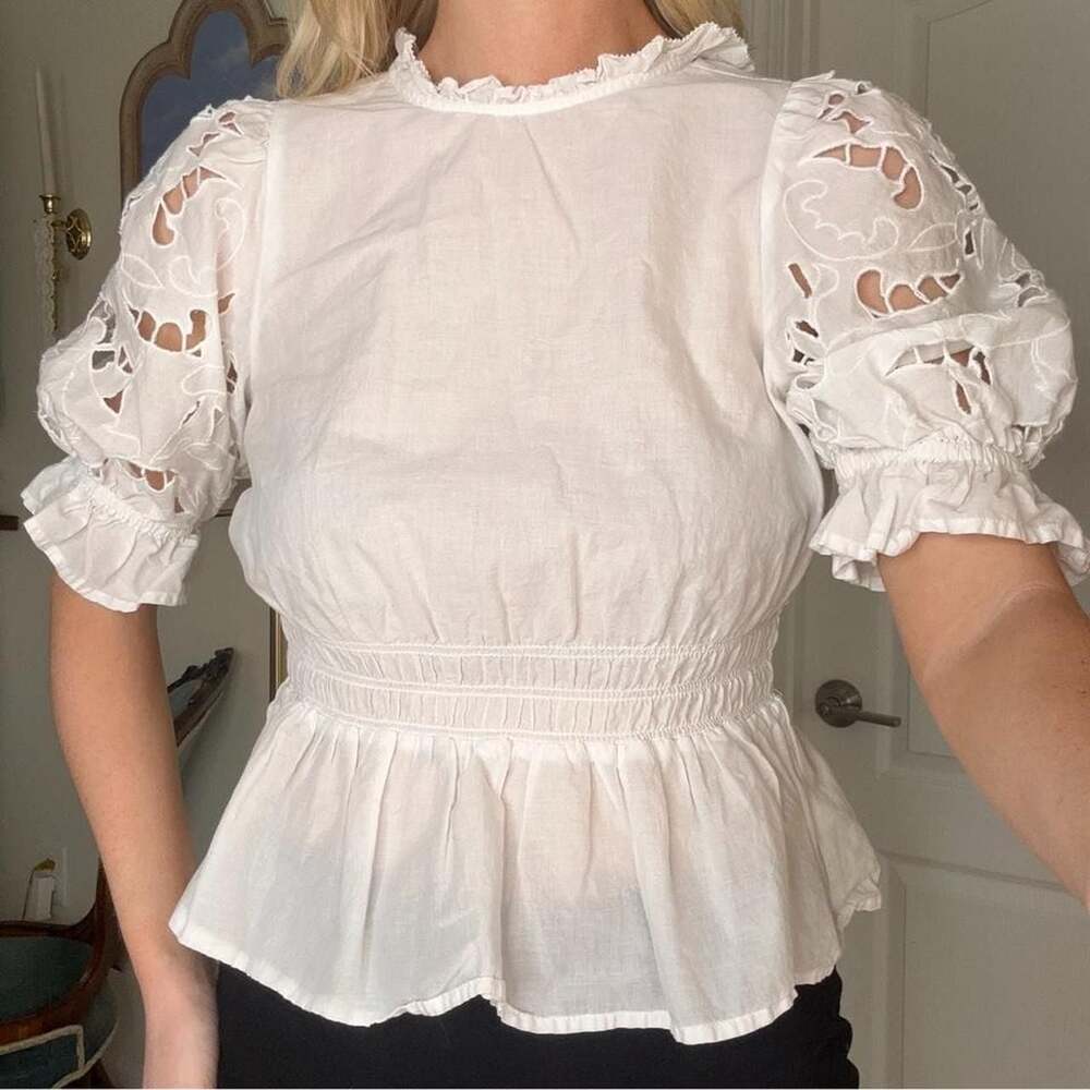 Universal Thread White Smocked Eyelet Puff Sleeve Peplum Blouse